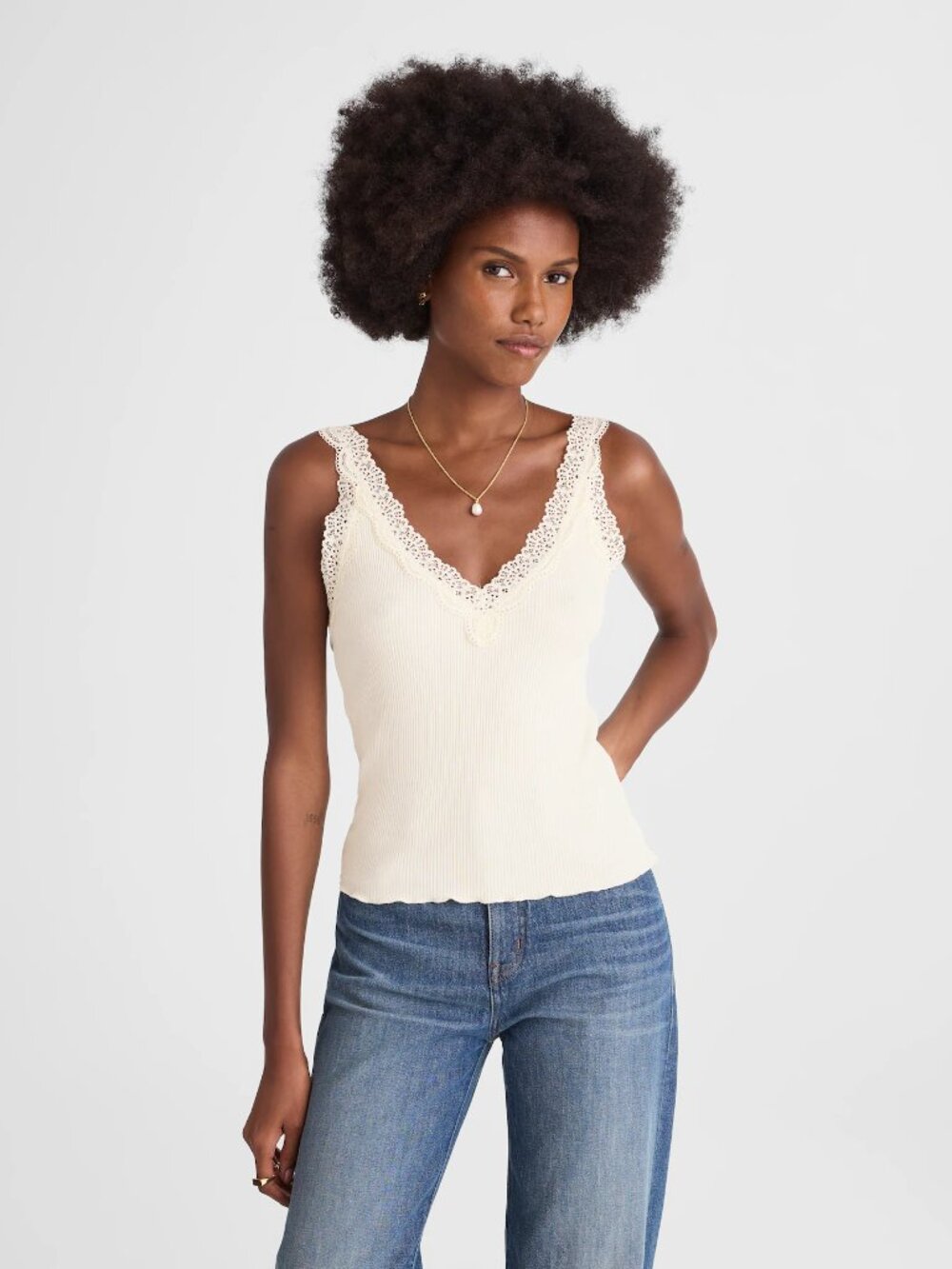 Madewell Vintage Ivory Lace Ribbed V-Neck Tank Top L NWT